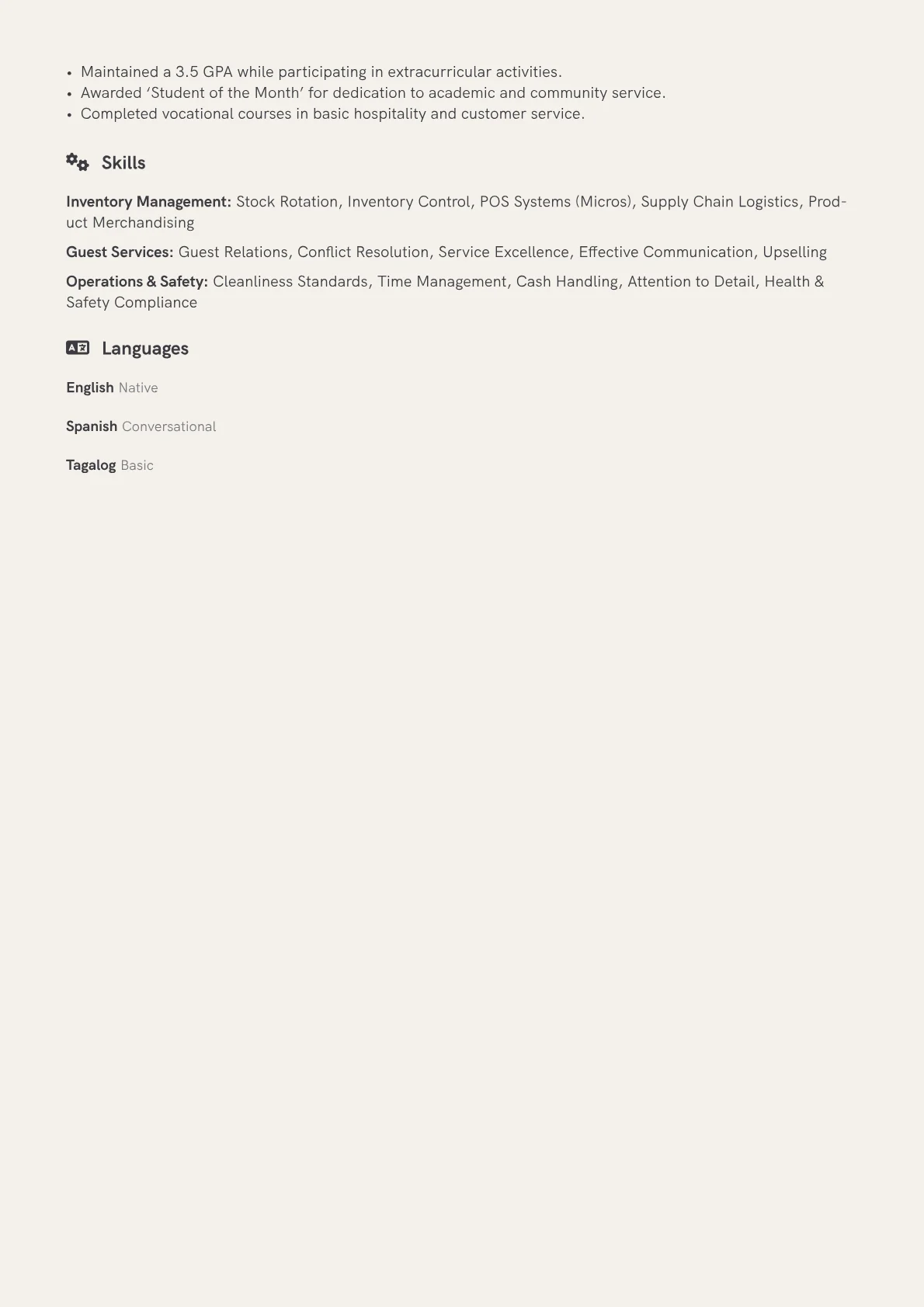 Mini Bar Attendant Resume Example CV template - Page 2