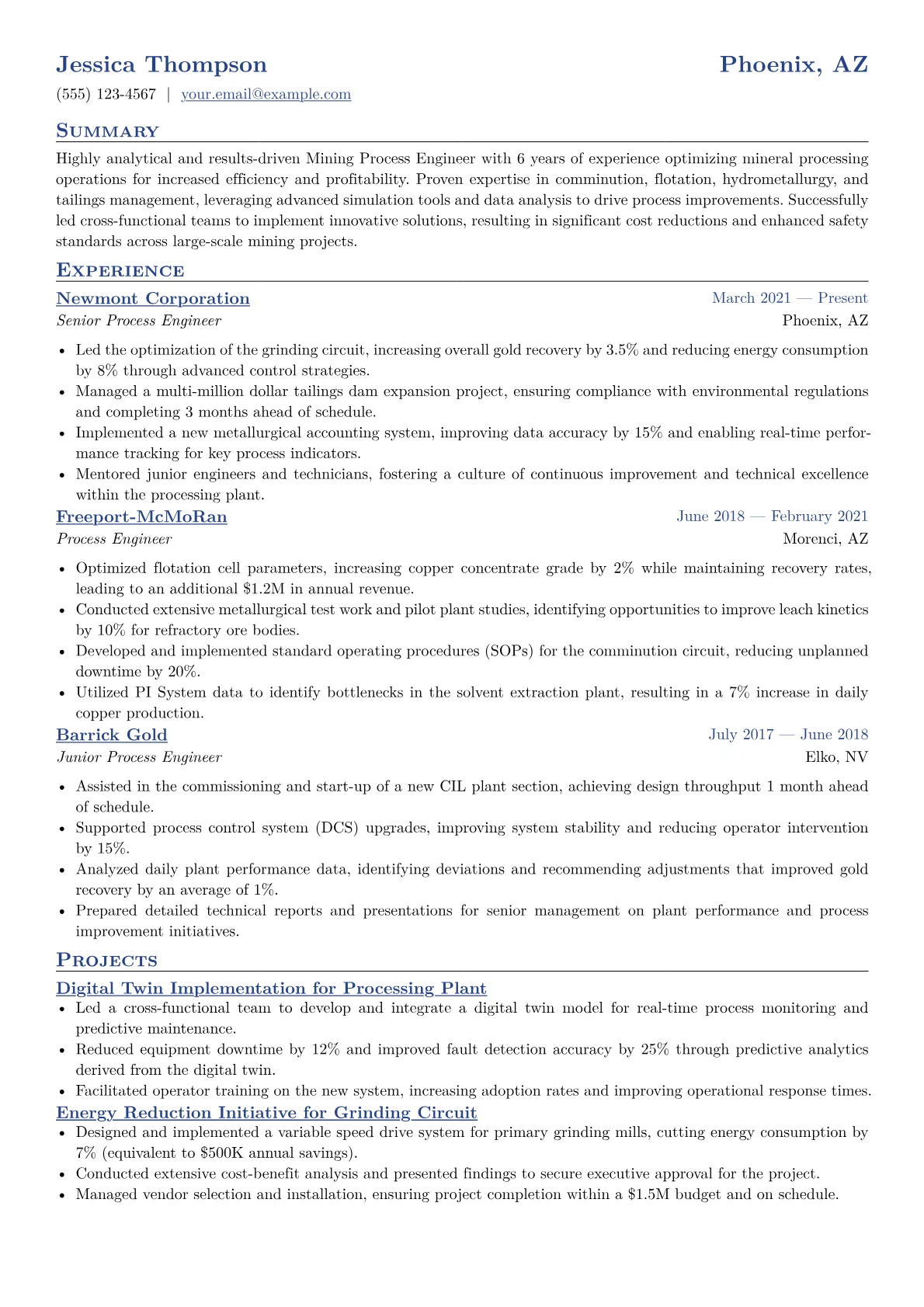 Mining Process Engineer Resume Example CV template - Page 1