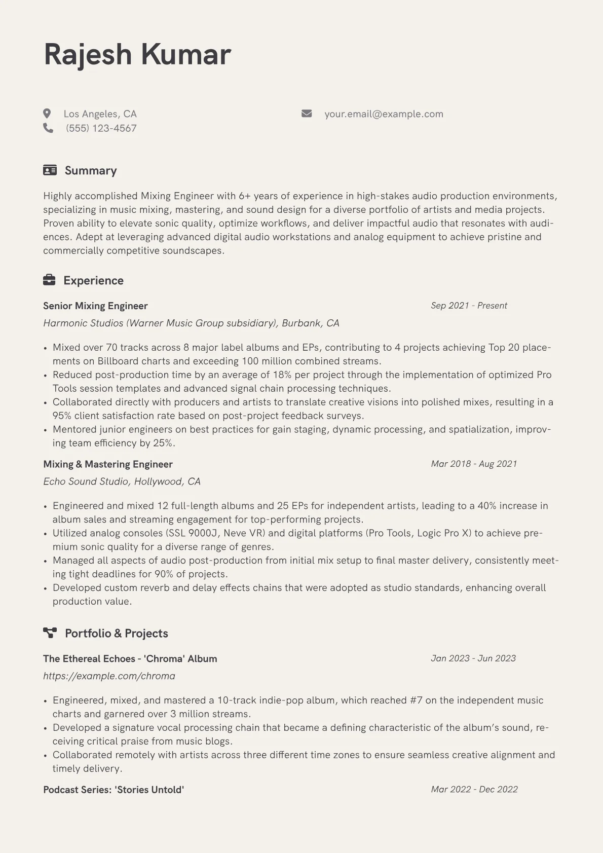 Mixing Engineer Resume Example CV template - Page 1