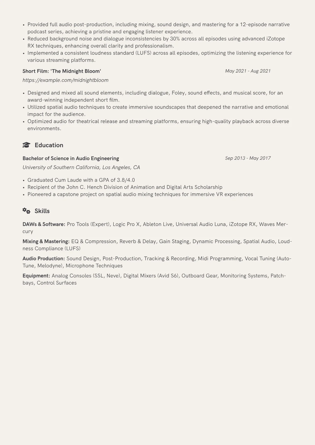 Mixing Engineer Resume Example CV template - Page 2