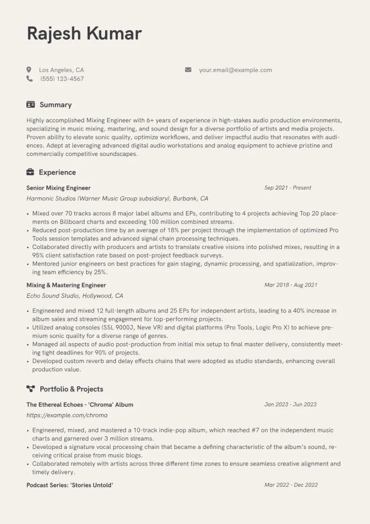 Mixing Engineer Resume Example CV template preview