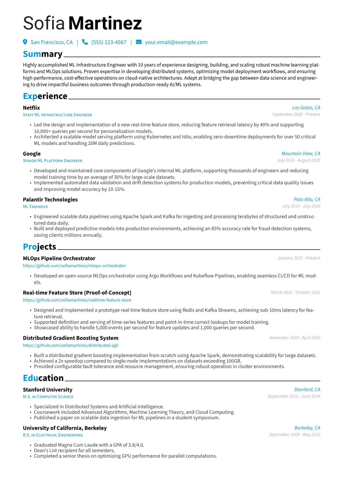 ML Infrastructure Engineer Resume Example CV template - Page 1