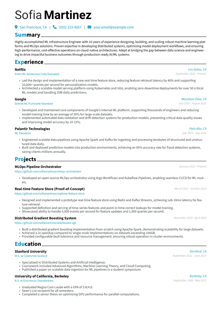 ML Infrastructure Engineer Resume Example CV template preview