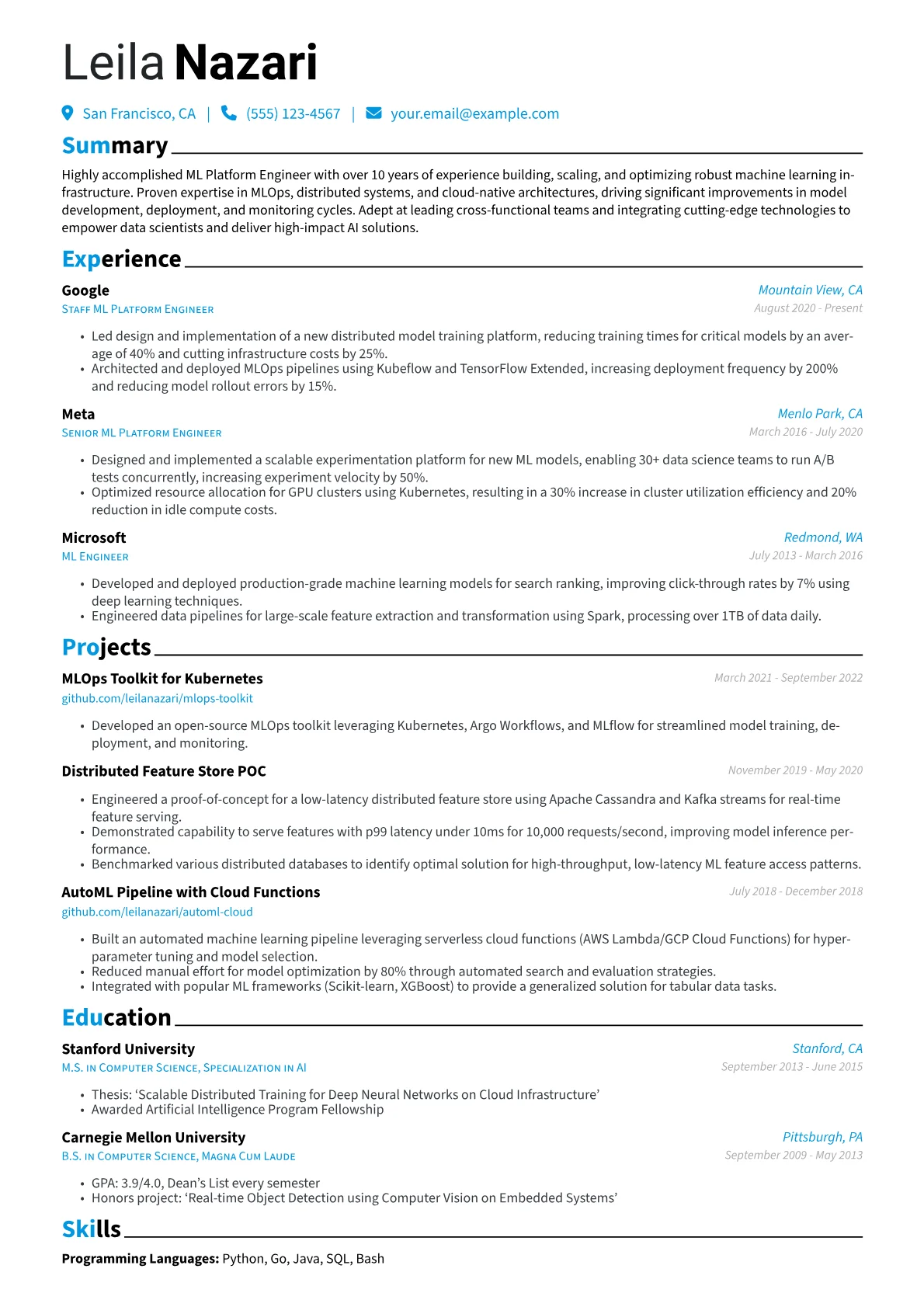 ML Platform Engineer Resume Example CV template - Page 1