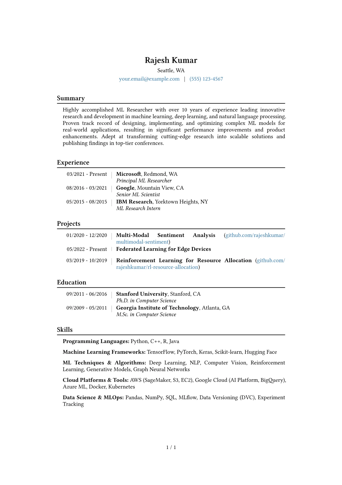 ML Researcher Resume Example CV template - Page 1