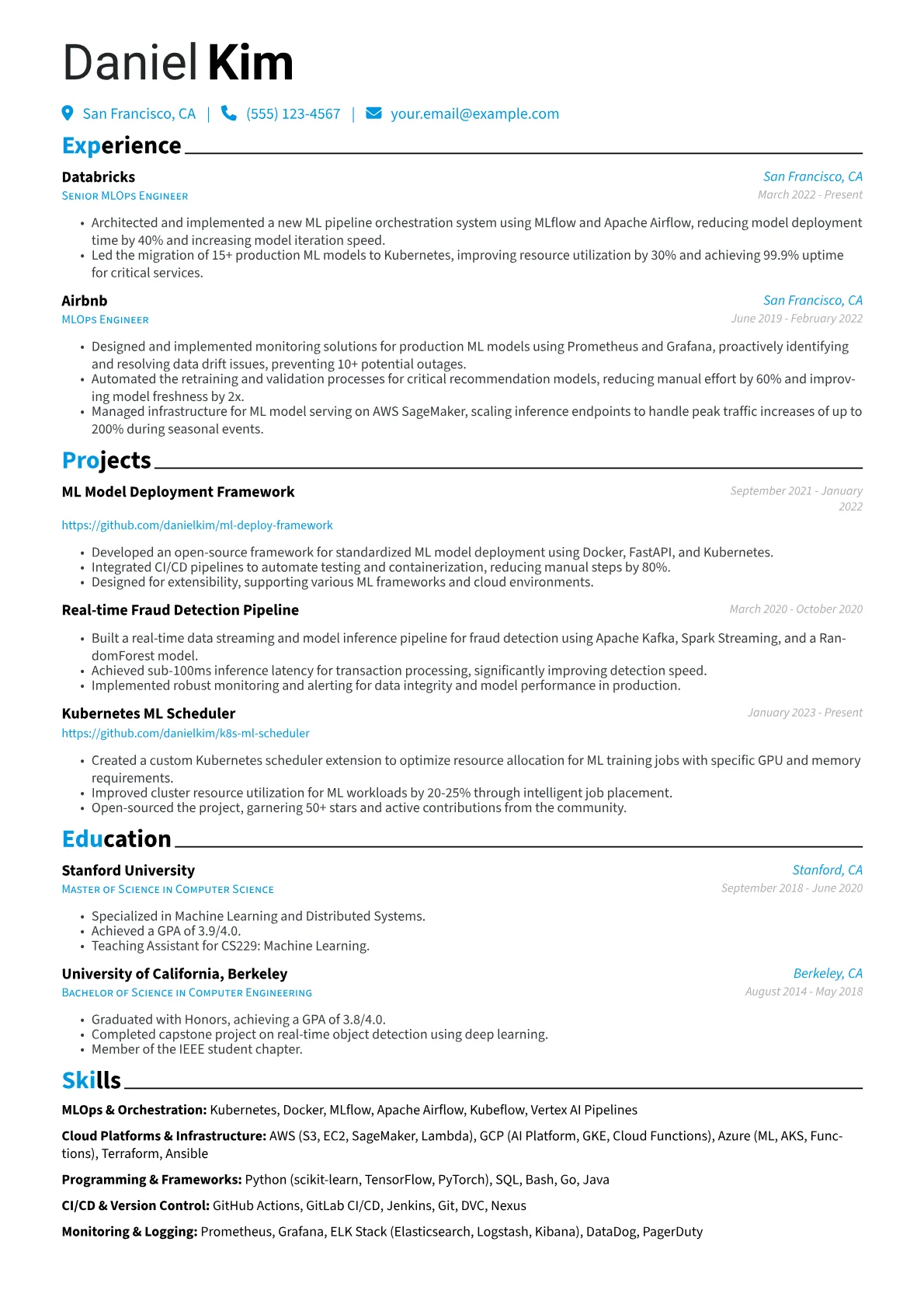 MLOps Engineer Resume Example CV template - Page 1