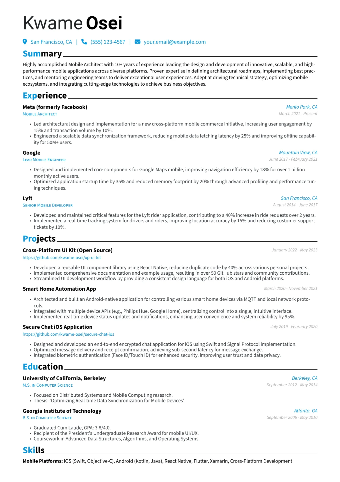 Mobile Architect Resume Example CV template - Page 1