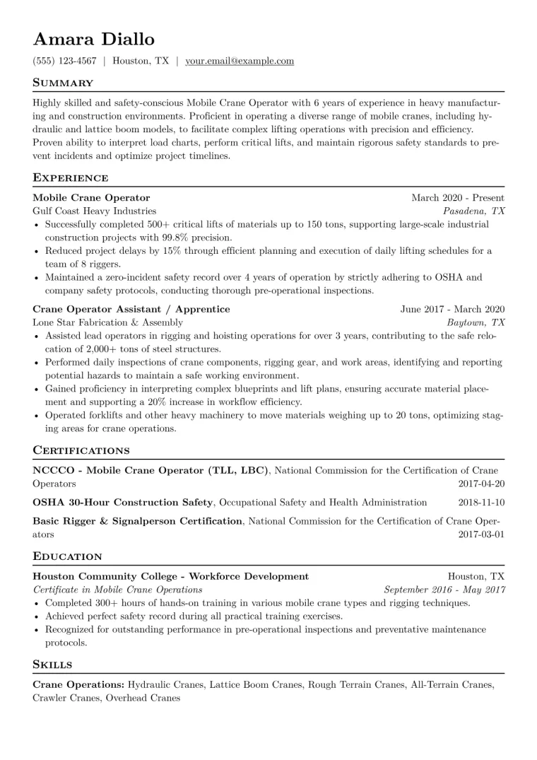 Mobile Crane Operator Resume Example CV template preview