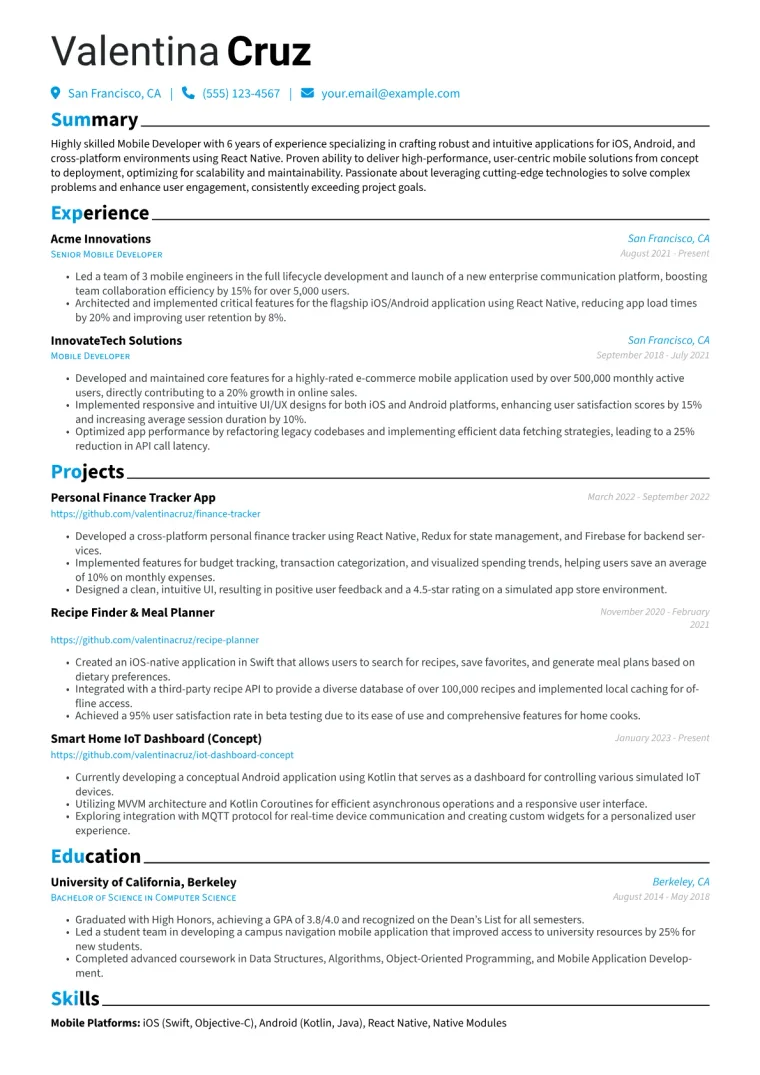 Mobile Developer Resume Example CV template preview
