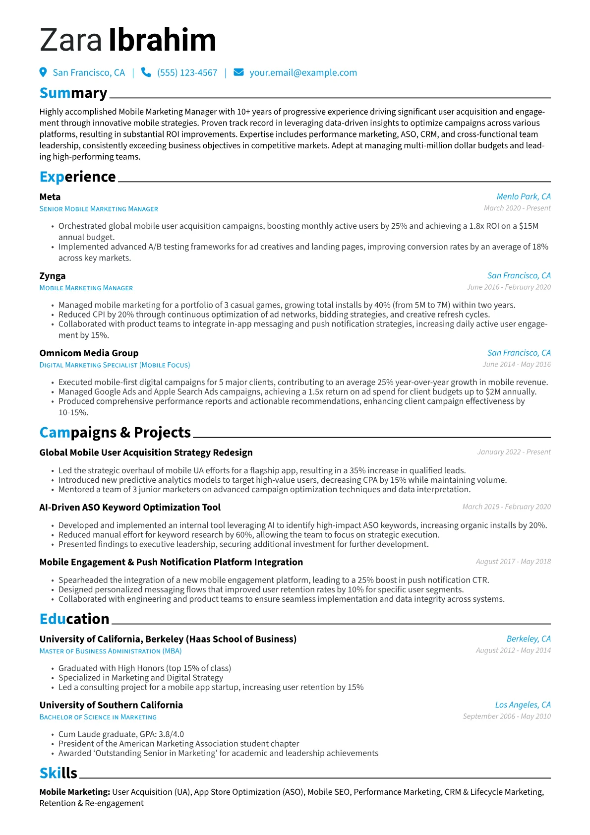 Mobile Marketing Manager Resume Example CV template - Page 1