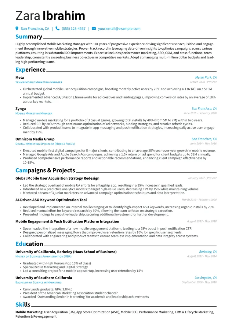 Mobile Marketing Manager Resume Example CV template preview
