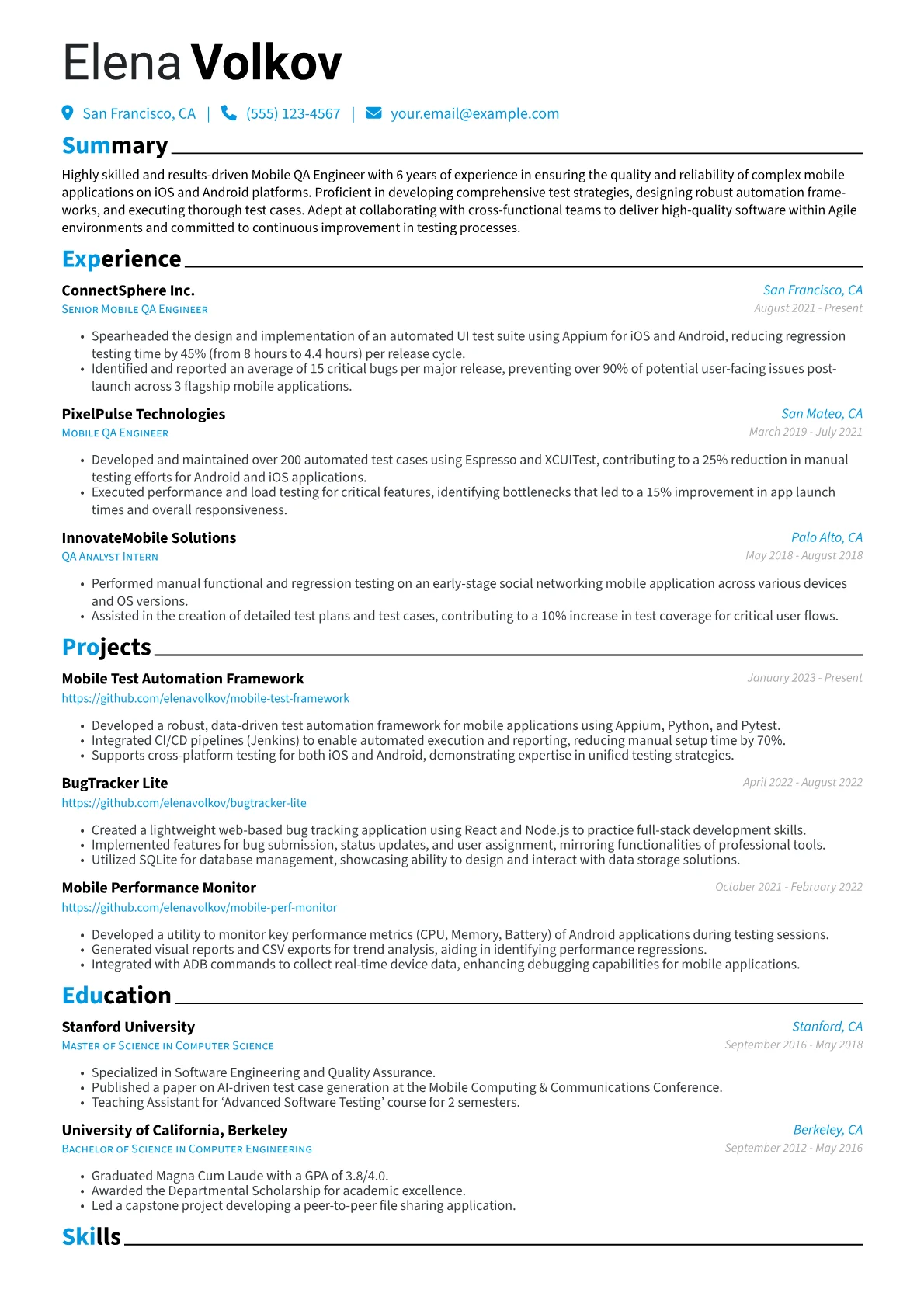 Mobile QA Engineer Resume Example CV template - Page 1