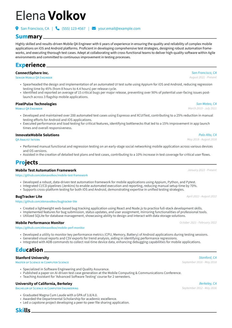 Mobile QA Engineer Resume Example CV template preview