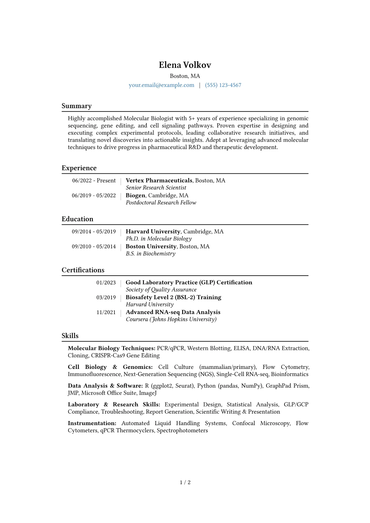 Molecular Biologist Resume Example CV template - Page 1