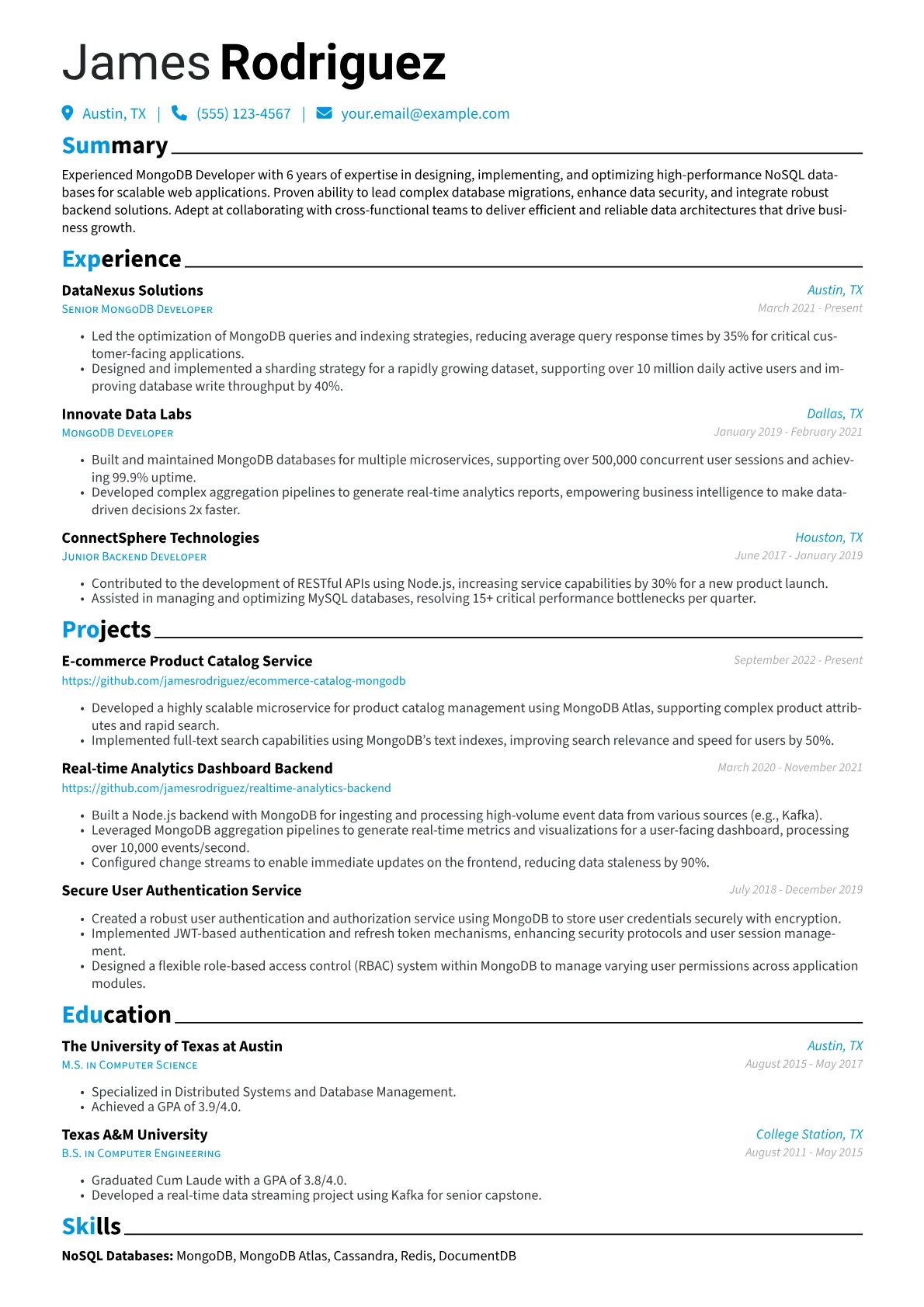 MongoDB Developer Resume Example CV template - Page 1