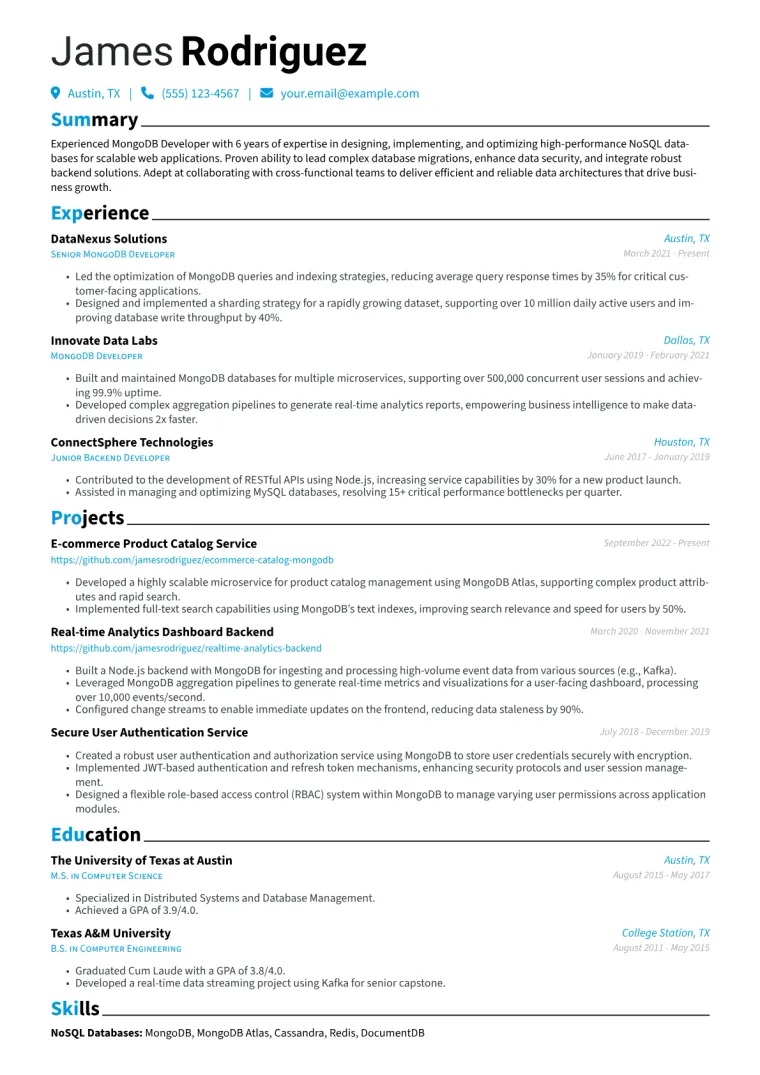 MongoDB Developer Resume Example CV template preview