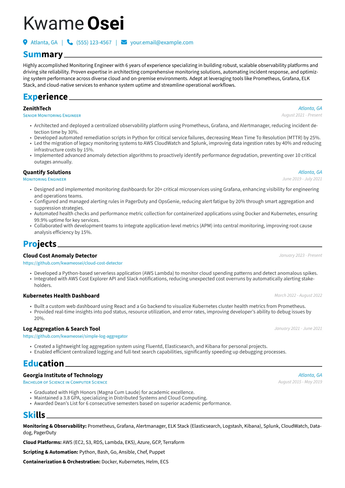 Monitoring Engineer Resume Example CV template - Page 1