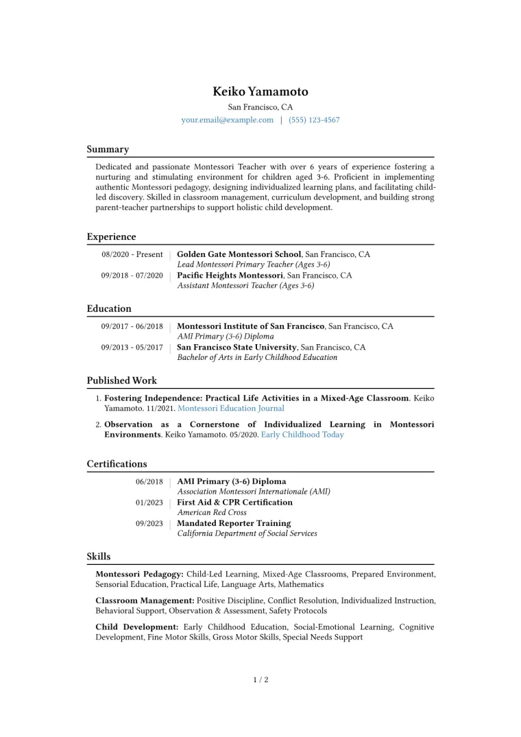 Montessori Teacher Resume Example