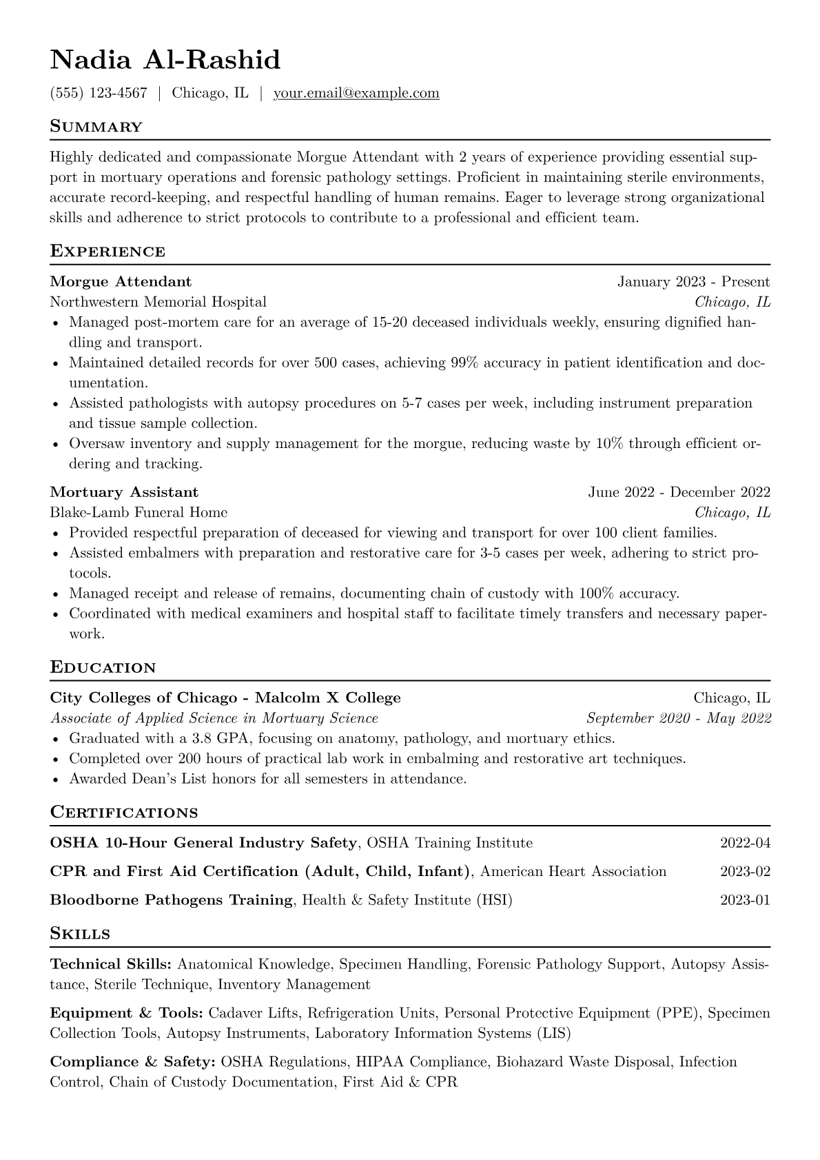 Morgue Attendant Resume Example CV template - Page 1