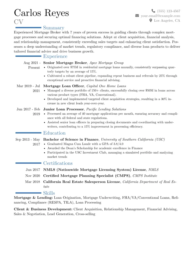 Mortgage Broker Resume Example CV template preview