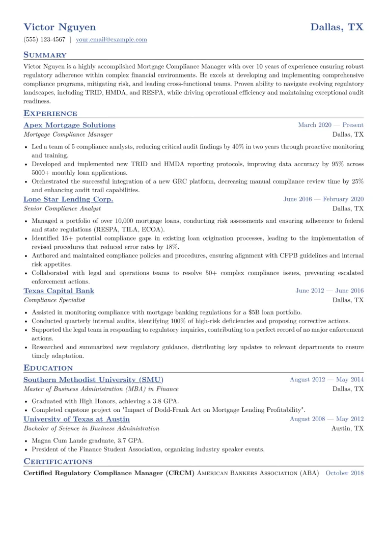 Mortgage Compliance Manager Resume Example CV template preview