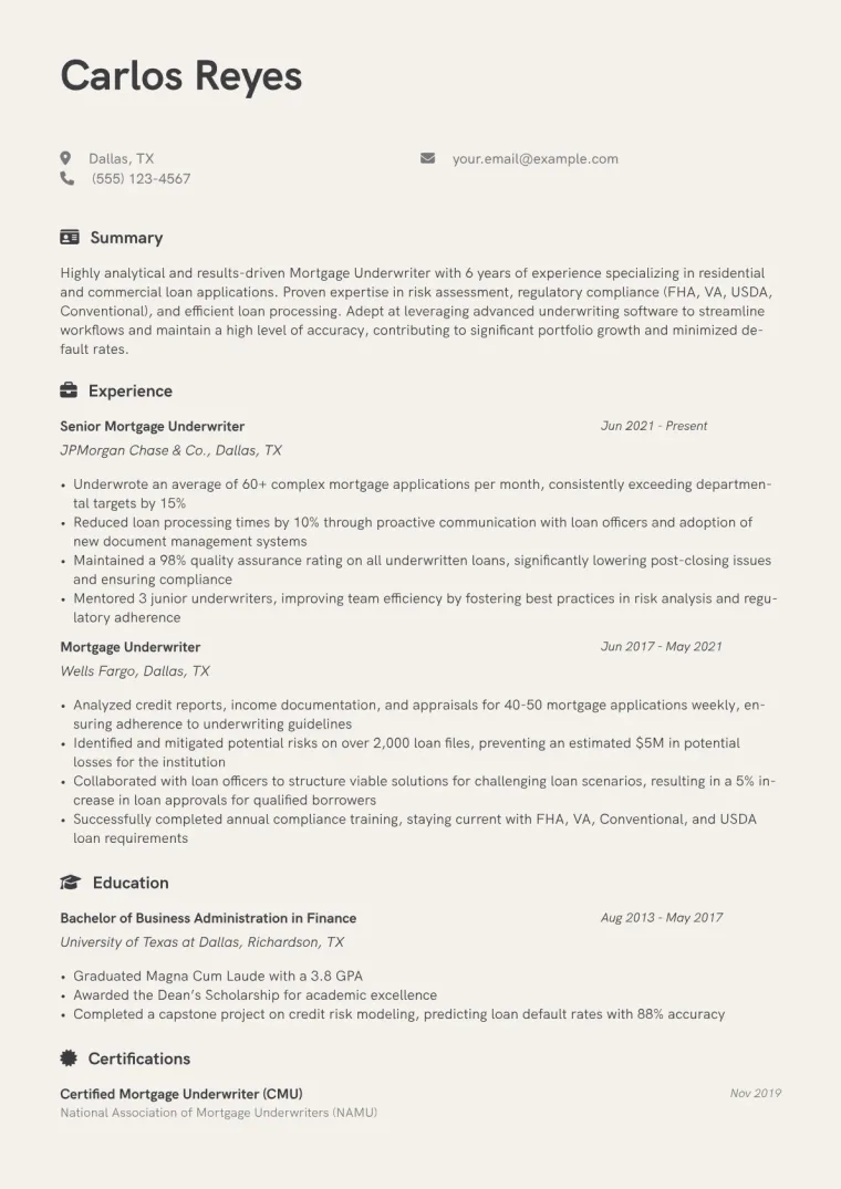 Mortgage Underwriter Resume Example CV template preview