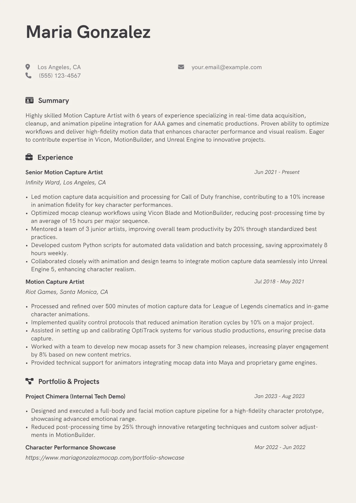 Motion Capture Artist Resume Example CV template - Page 1