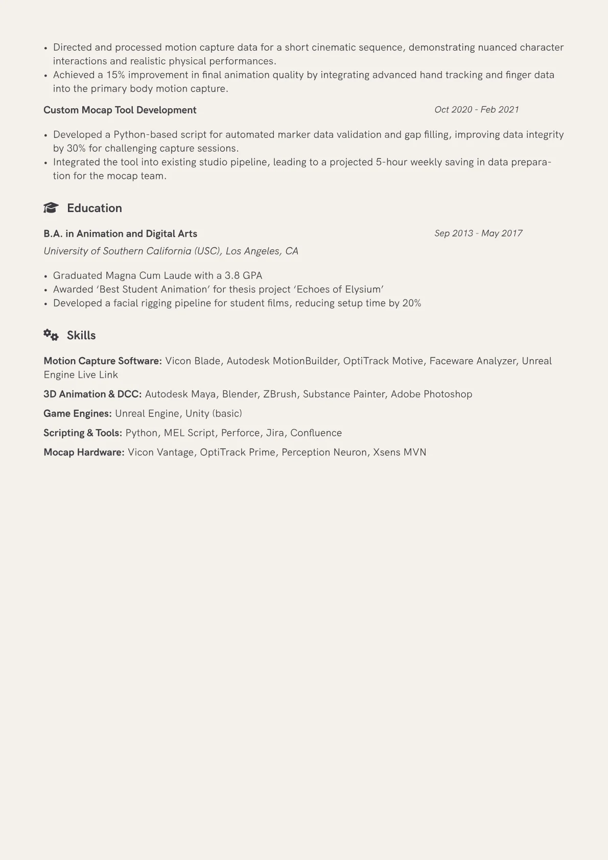 Motion Capture Artist Resume Example CV template - Page 2