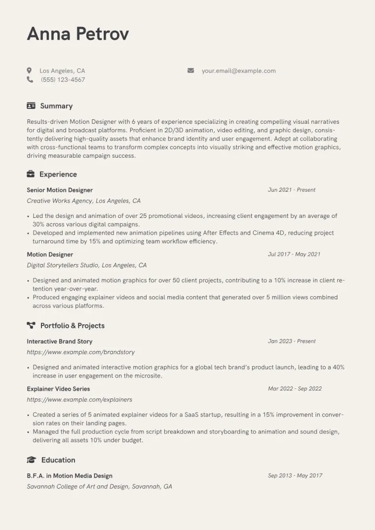 Motion Designer Resume Example CV template preview