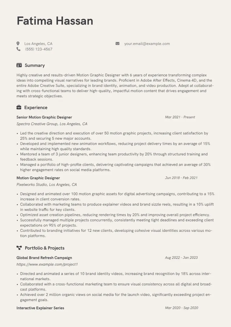 Motion Graphic Designer Resume Example CV template preview