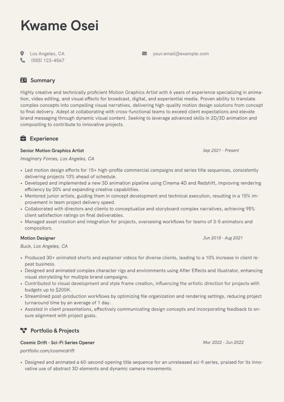 Motion Graphics Artist Resume Example CV template - Page 1
