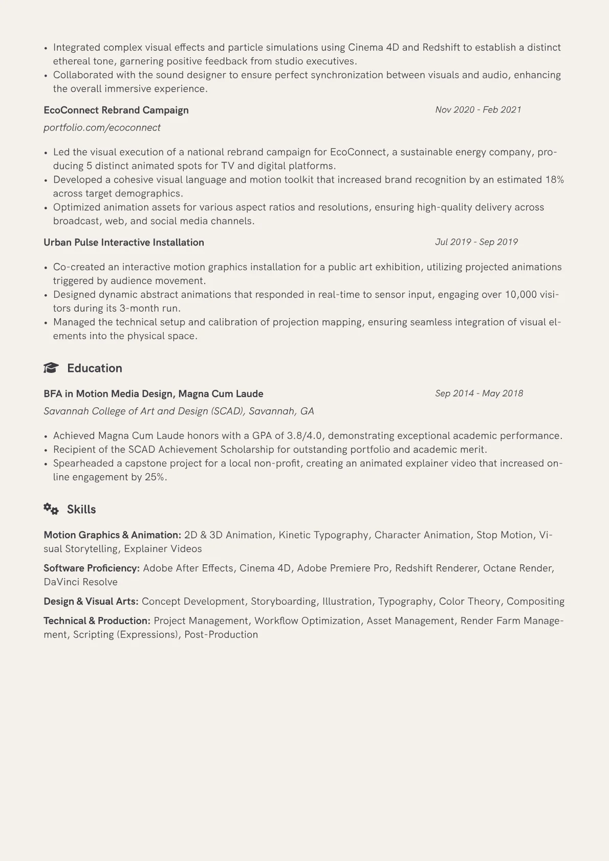Motion Graphics Artist Resume Example CV template - Page 2