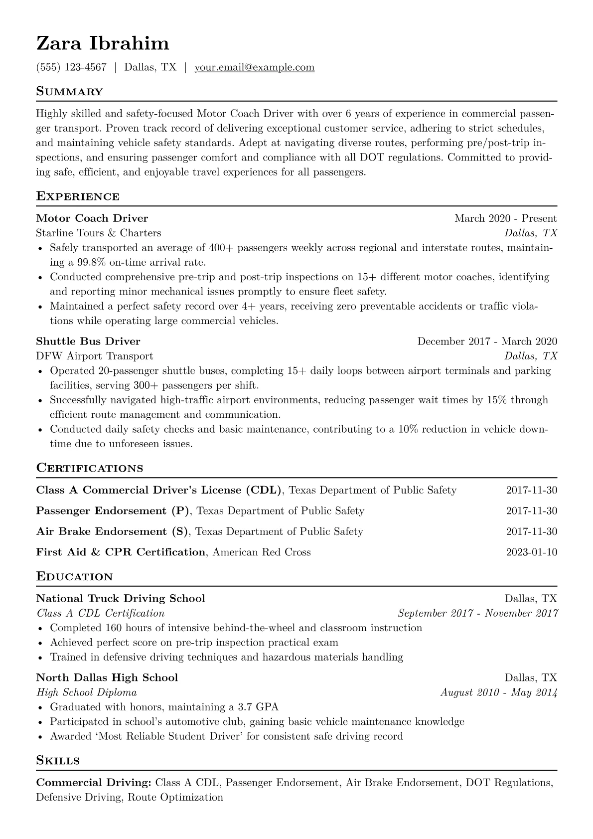 Motor Coach Driver Resume Example CV template - Page 1