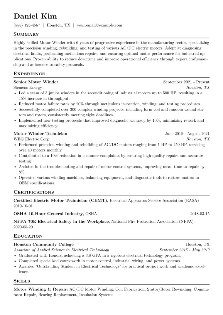 Motor Winder Resume Example CV template preview