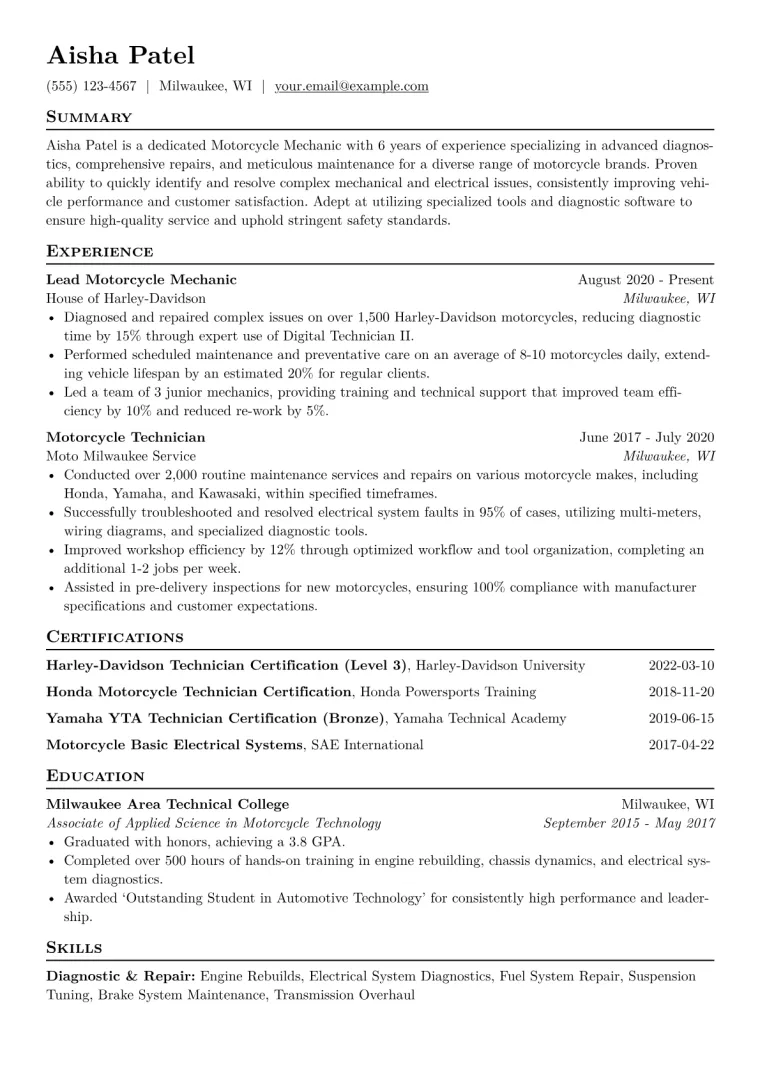 Motorcycle Mechanic Resume Example CV template preview
