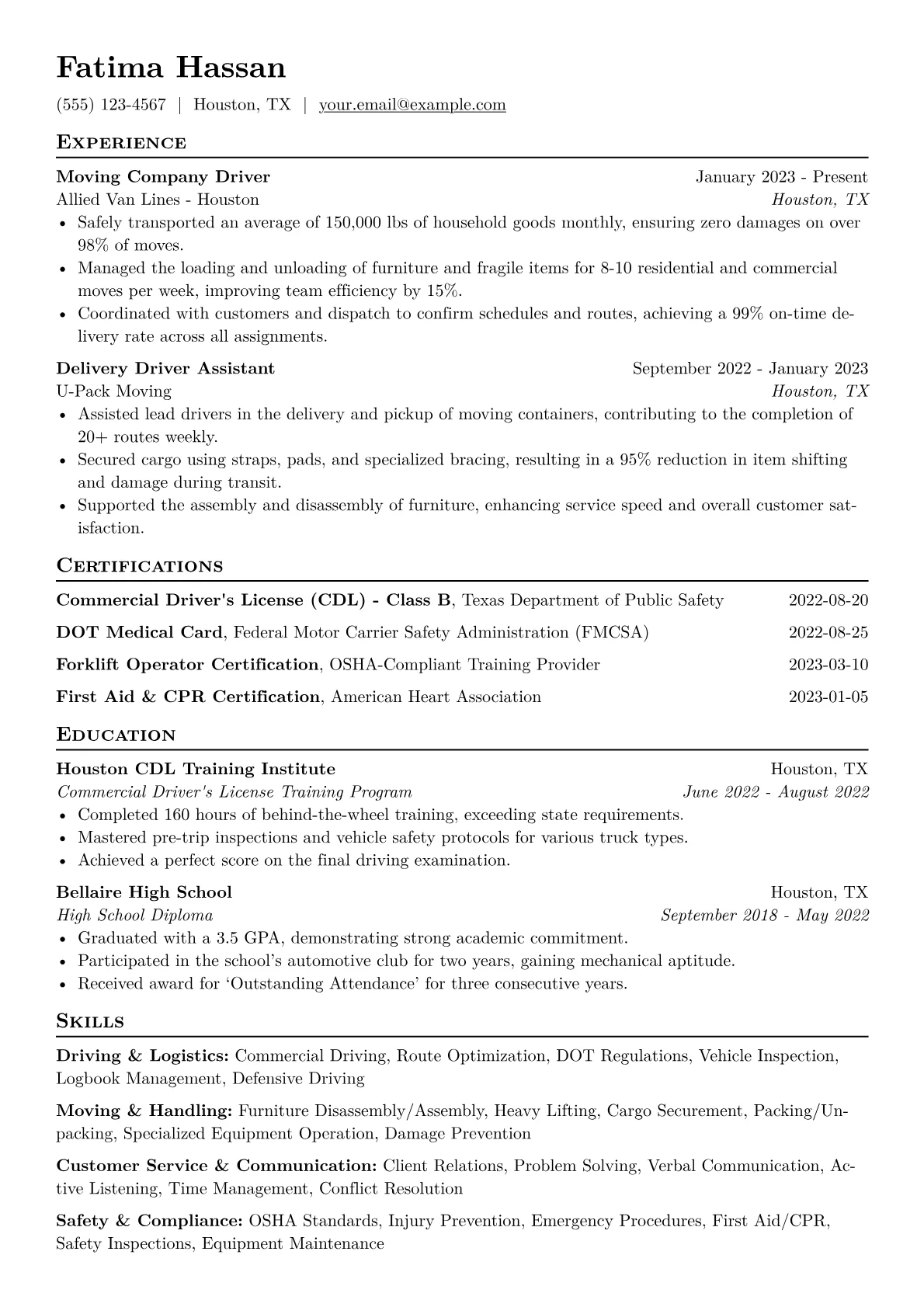 Moving Company Driver Resume Example CV template - Page 1