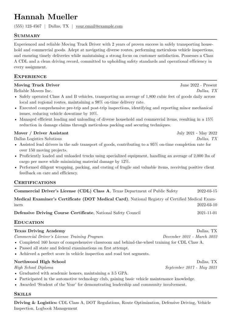 Moving Truck Driver Resume Example CV template preview