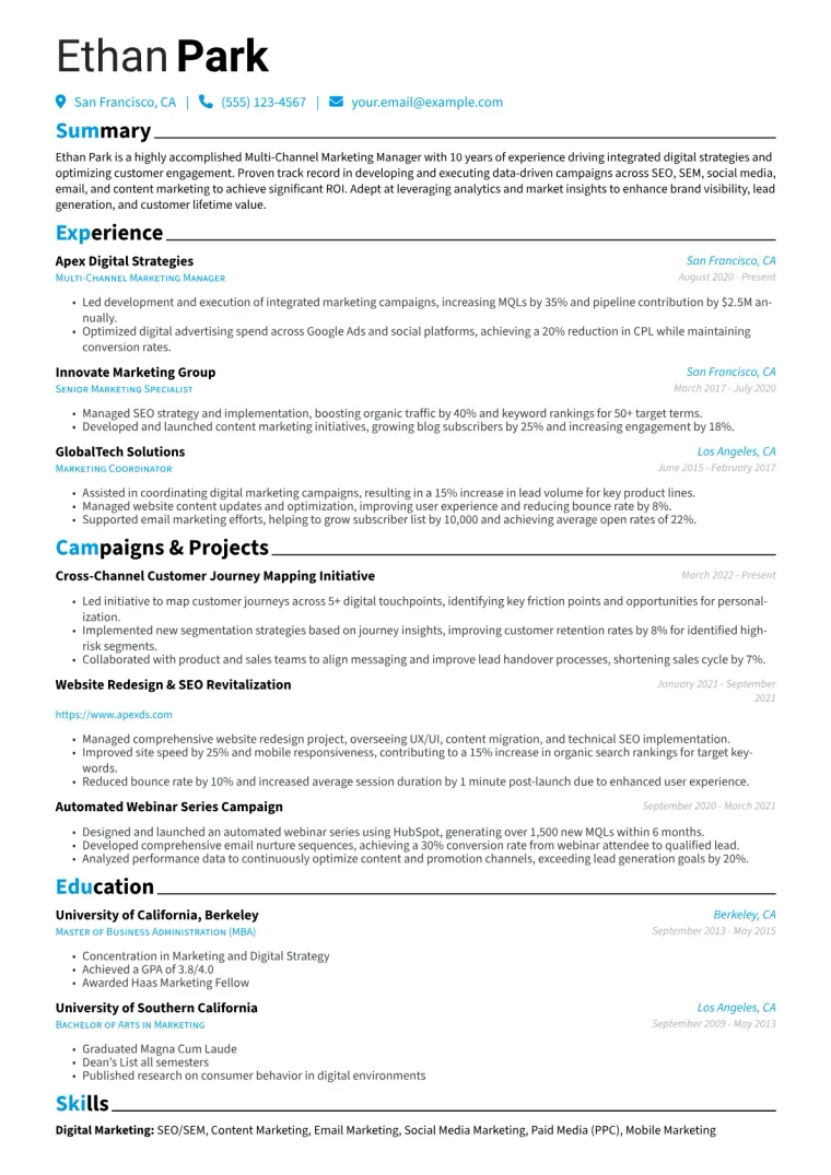 Multi-Channel Marketing Manager Resume Example CV template preview