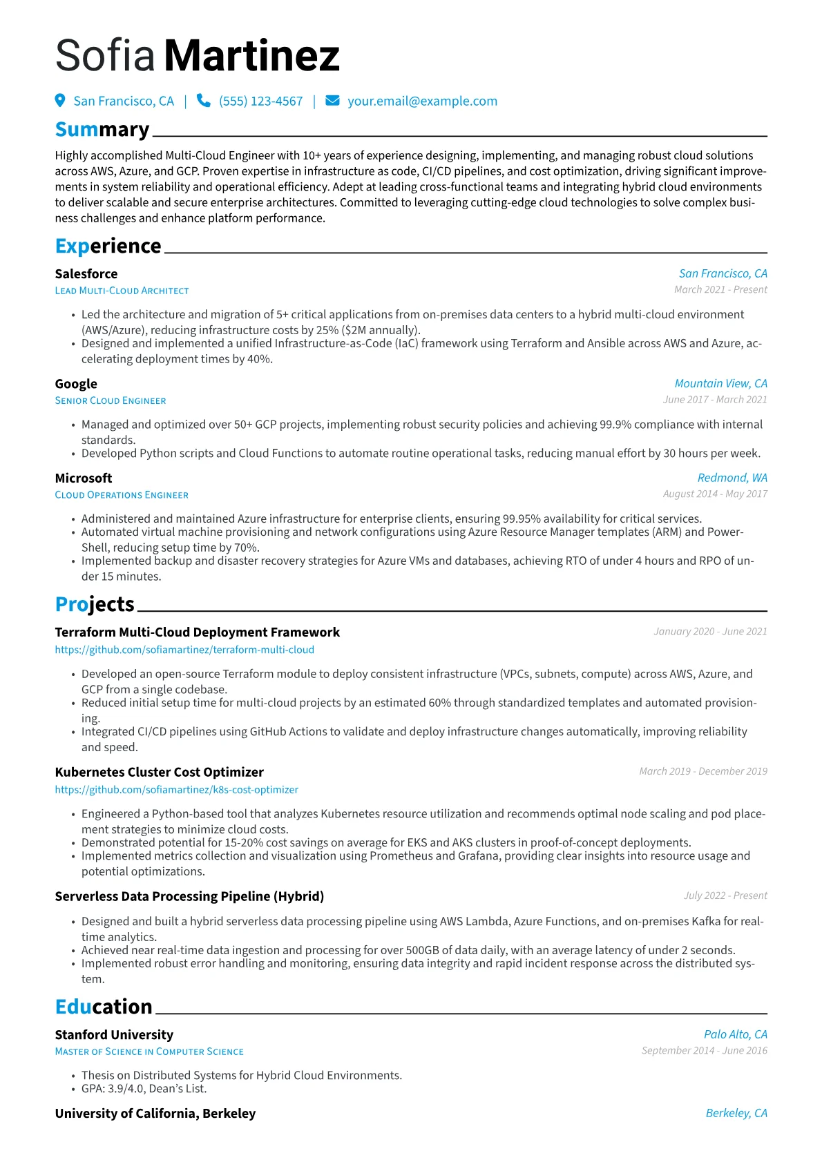 Multi-Cloud Engineer Resume Example CV template - Page 1
