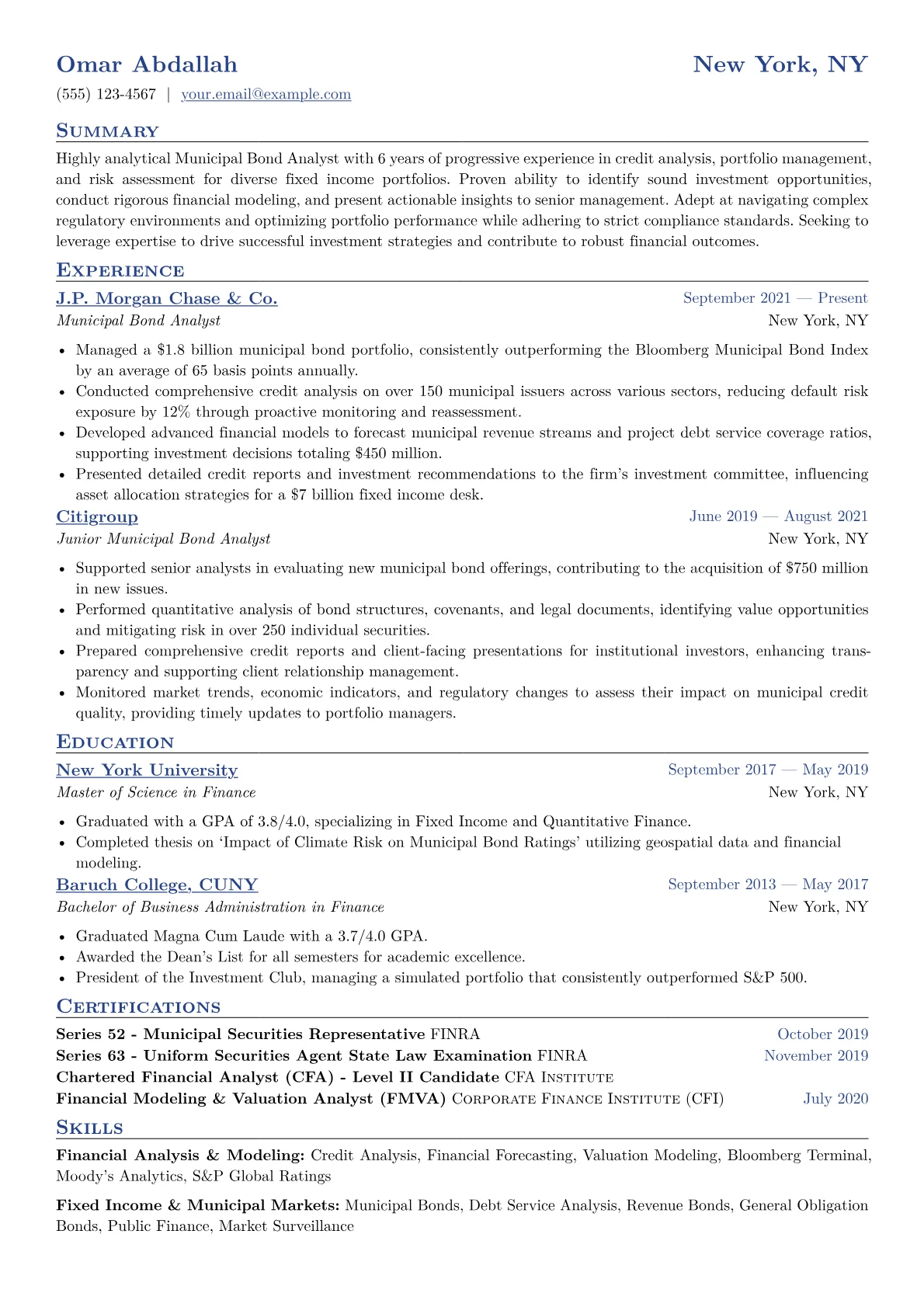 Municipal Bond Analyst Resume Example CV template - Page 1