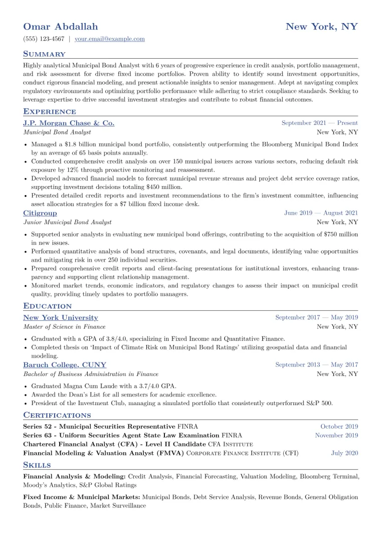 Municipal Bond Analyst Resume Example CV template preview