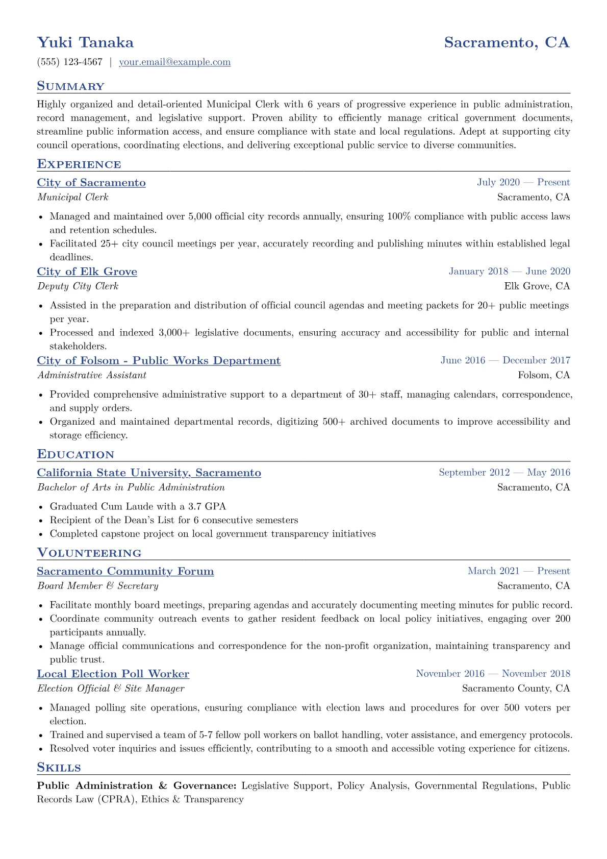Municipal Clerk Resume Example CV template - Page 1