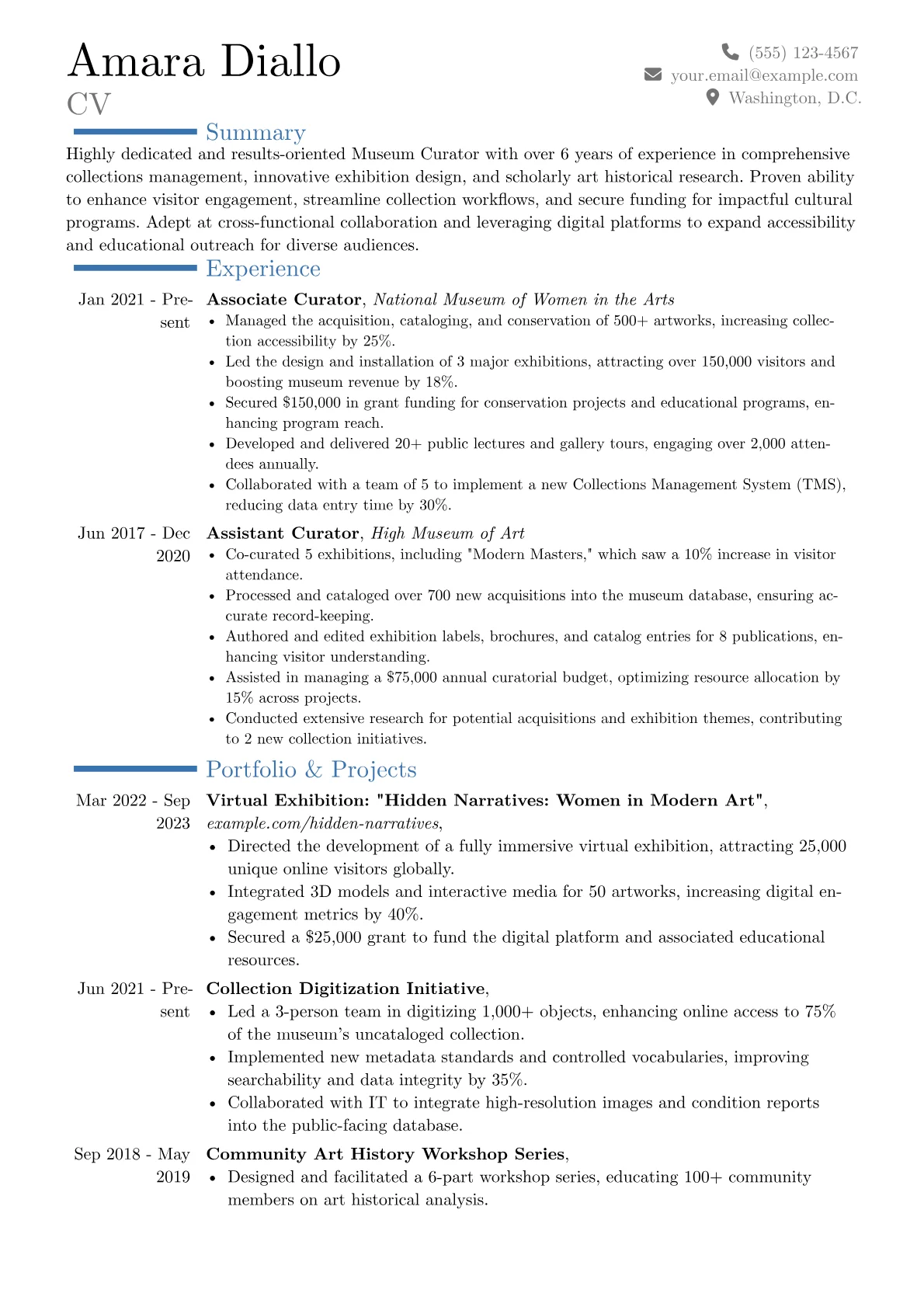 Museum Curator Resume Example CV template - Page 1