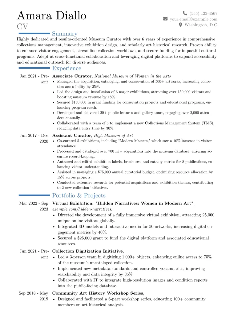 Museum Curator Resume Example CV template preview