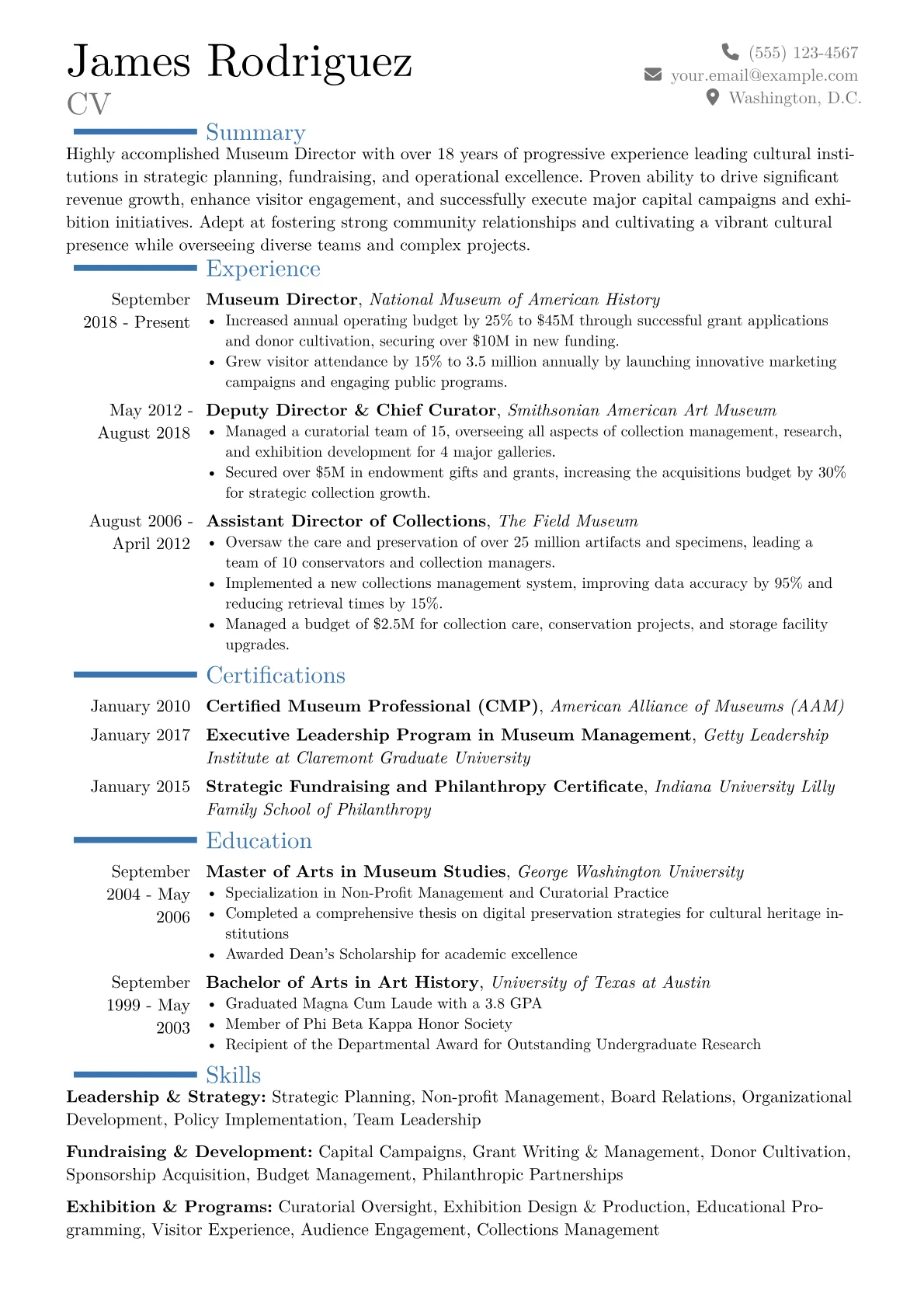 Museum Director Resume Example CV template - Page 1