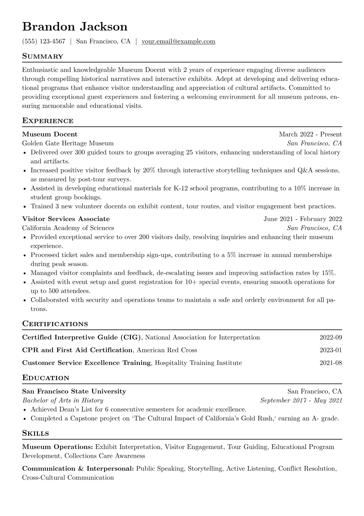 Museum Docent Resume Example CV template - Page 1