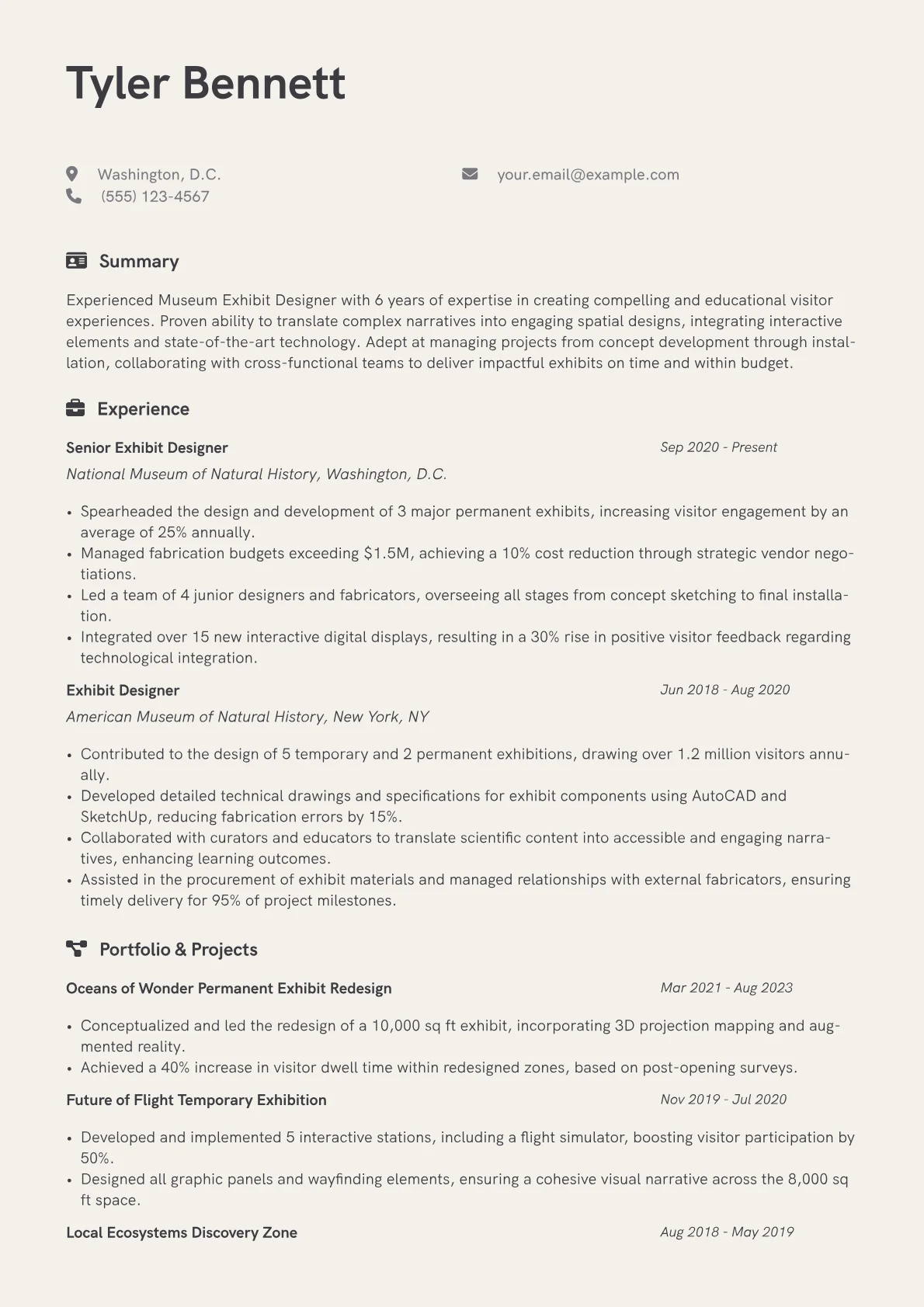 Museum Exhibit Designer Resume Example CV template - Page 1