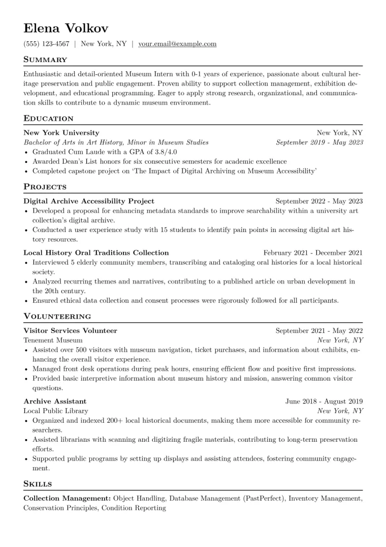 Museum Intern Resume Example CV template preview