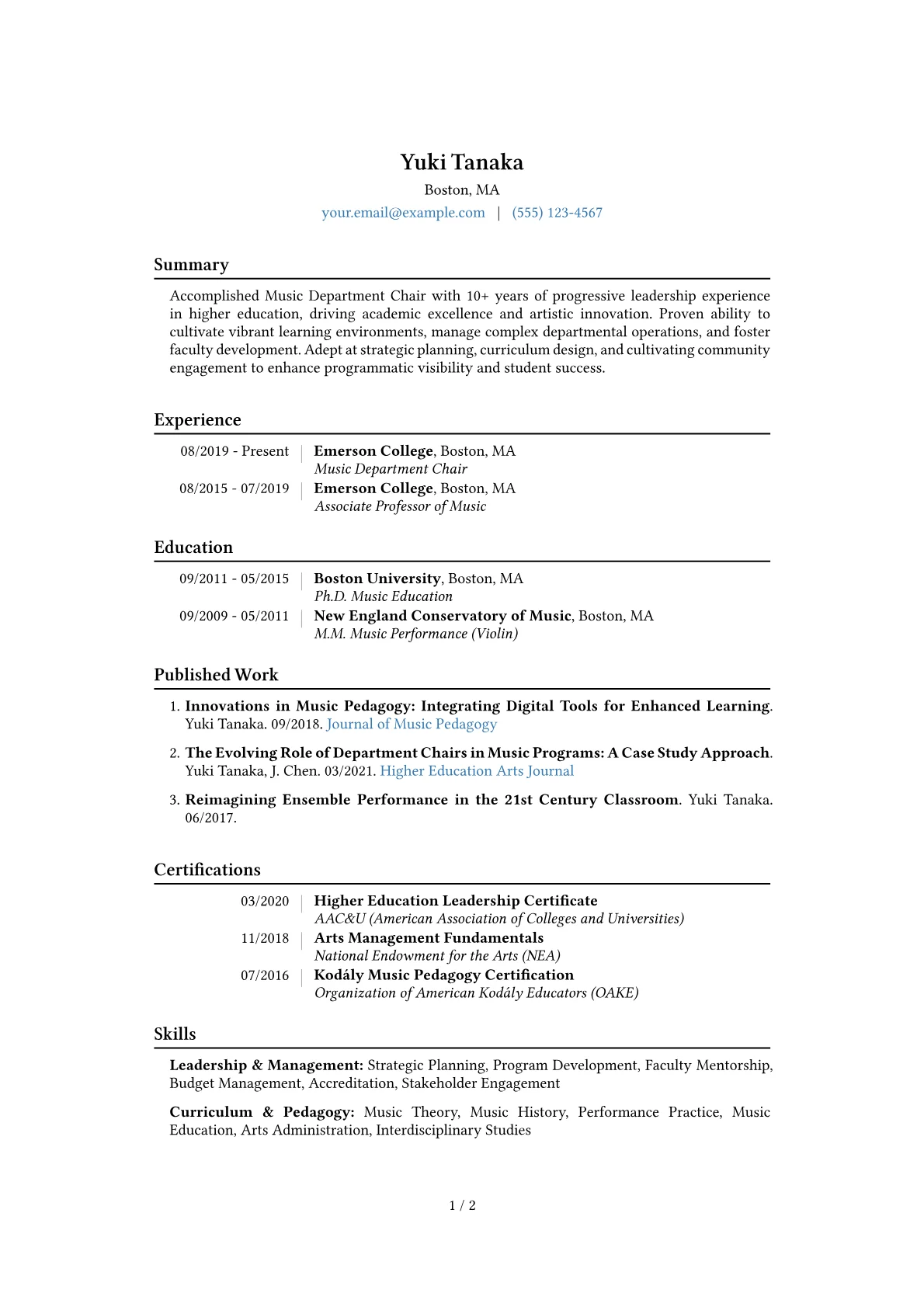 Music Department Chair Resume Example CV template - Page 1