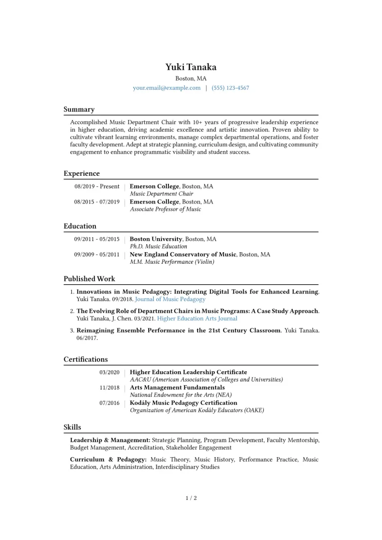 Music Department Chair Resume Example CV template preview